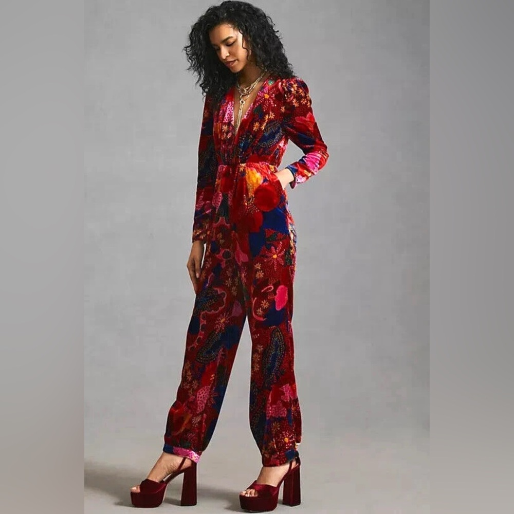 NWT FARM Rio x Anthropologie Wild Life Velvet Jumpsuit in Red - Size M